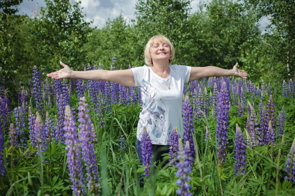 Happy attractive senior woman enjoys walk in purple lupines in blooming field, active in retirement