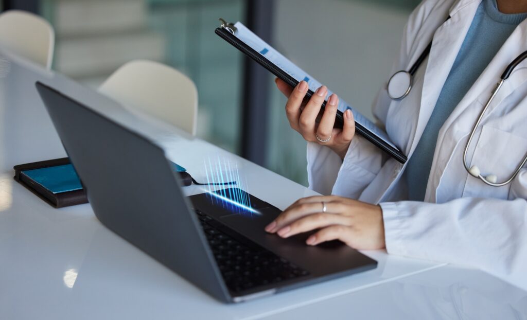 Hospital, computer stats overlay and woman hands of a doctor working with research data. Medical, h
