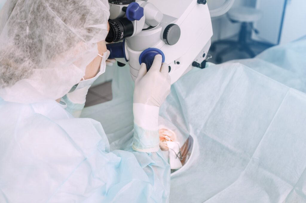 The operation on the eye. Cataract surgery. Laser eye surgery. Close up detail of a surgery of eye