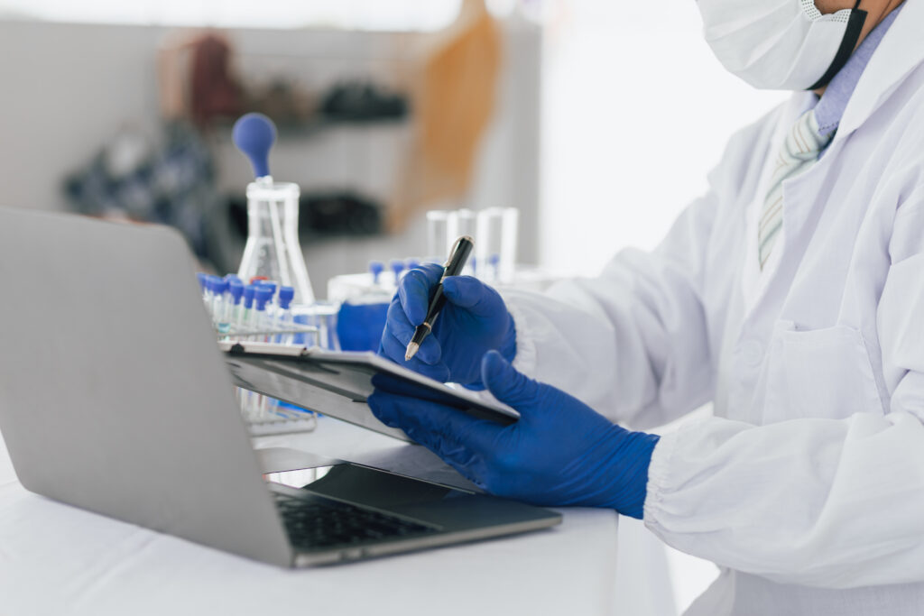 Scientists work with in vitro reagents in laboratories and draw conclusions from their research.