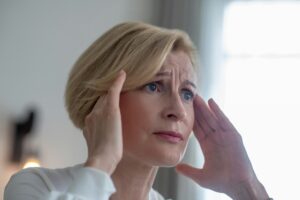Midaged blone woman suffering from a headache