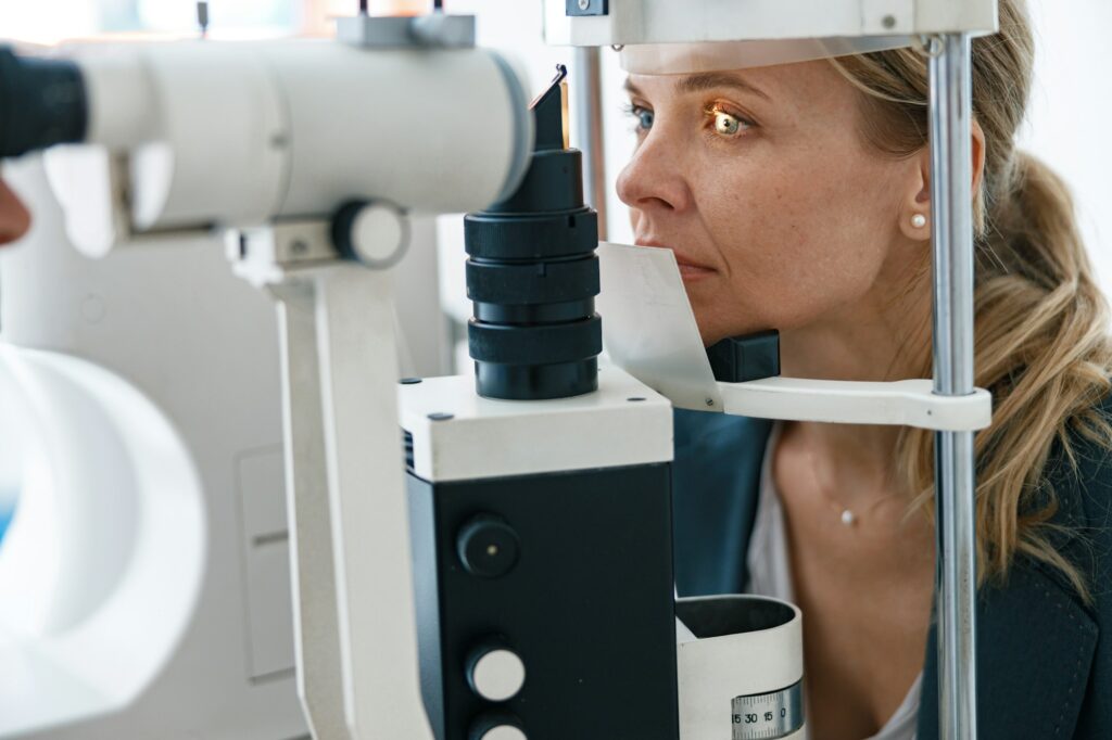 Close-up view of a patient's vision in an optics store or ophthalmology clinic