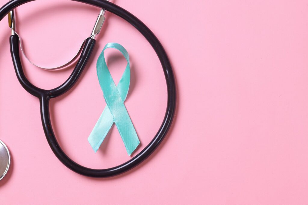 Teal awareness ribbon with stethoscope for Ovarian Cancer