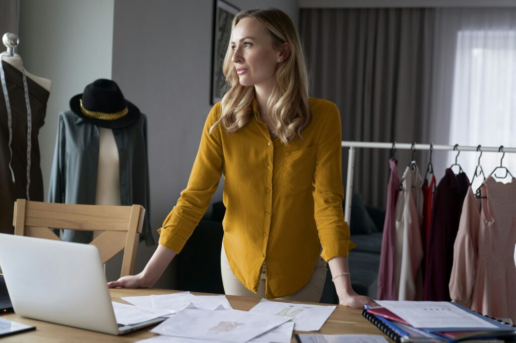 Blonde caucasian woman standing behind the table in her workshop