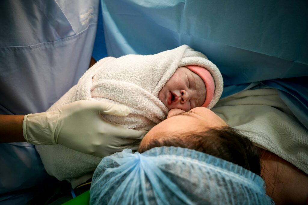 Love at First Sight of mom and her newborn in cesarean section.