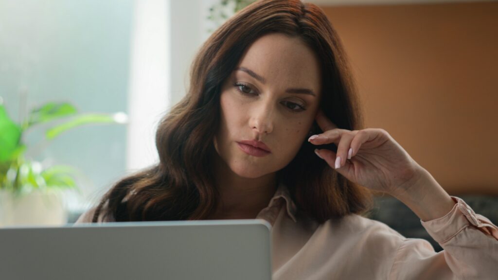 Pensive thinking Caucasian young girl thoughtful adult woman think business idea solution