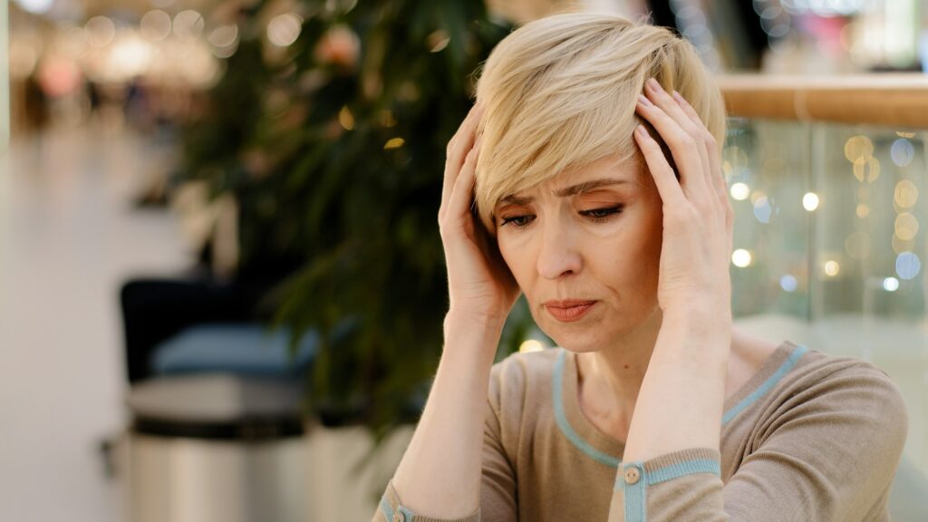 Sad middle aged caucasian woman 40s lady feel depressed problems. Upset mature single female