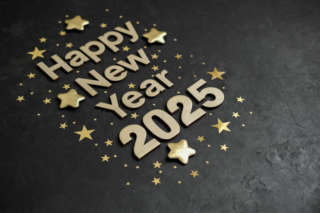 Golden letters Happy New Year 2025 with golden stars on a black background. New Year card
