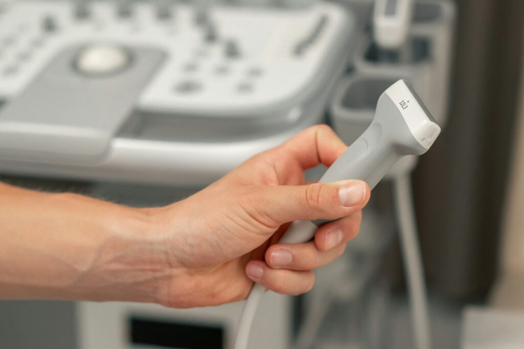 in the clinic, close-up of the gynecological office, ultrasound machine for pelvic ultrasound