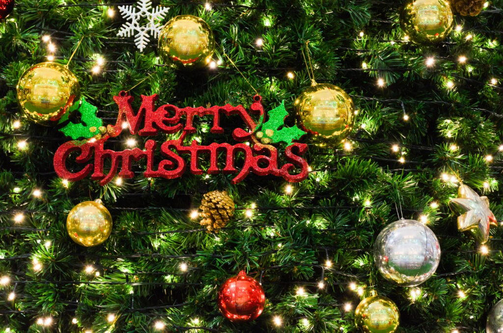 Merry Christmas sign on the tree