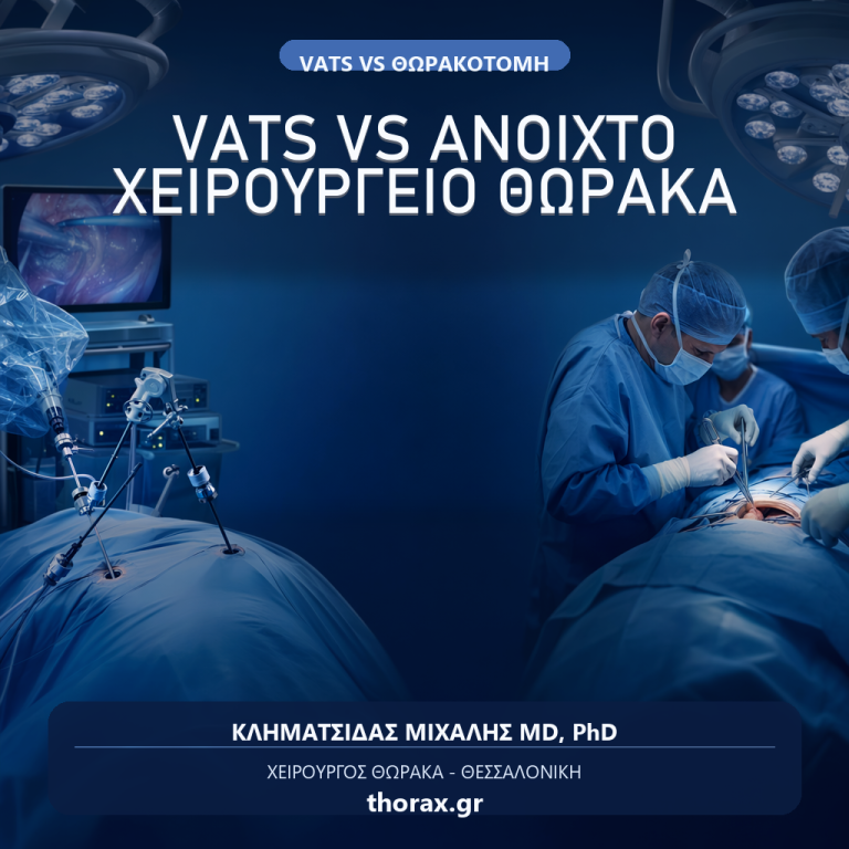 Τετράγωνη branded featured image για άρθρο σχετικά με τη διαφορά ανάμεσα στη VATS και το ανοικτό χειρουργείο θώρακα